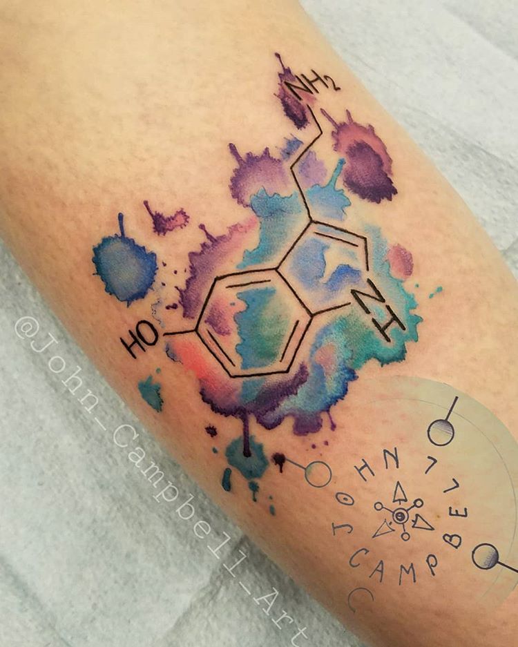 Watercolor Tattoo of the Seratonin Chemical Makeup done by Tattoo artist John Campbell at Sacred Mandala Studio in Durham, North Carolina.